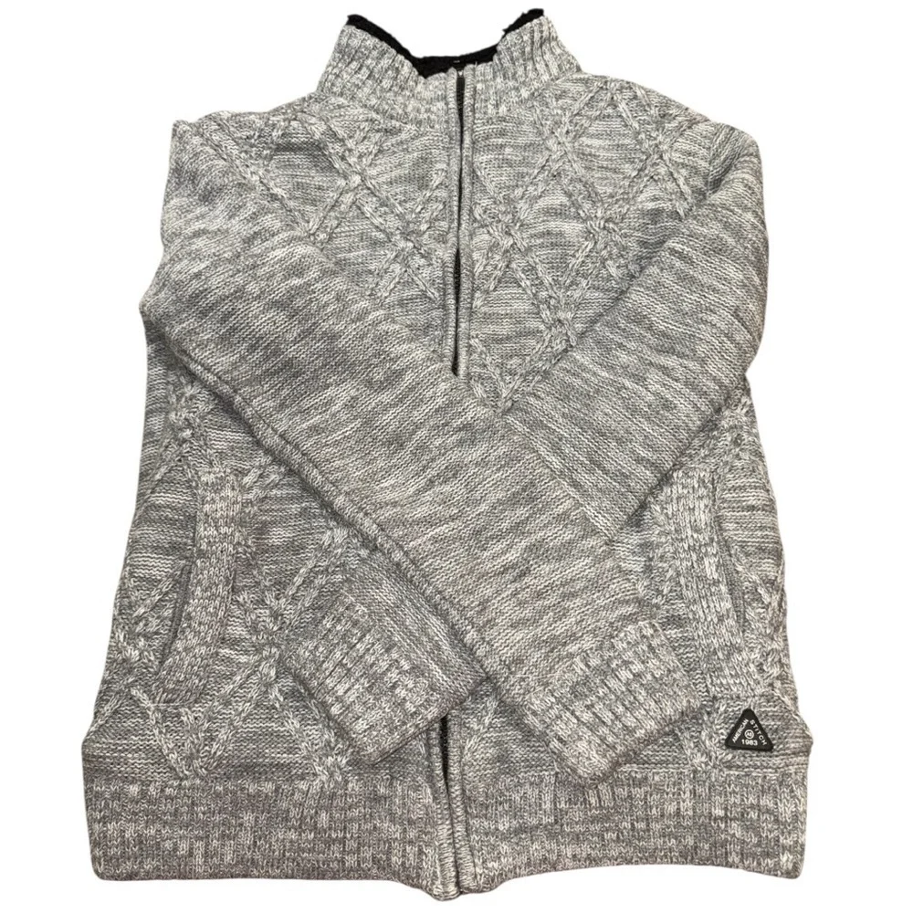 American Stitch Gray Cable Knit Full-Zip Sweater Fleece Lined Jacket Size S